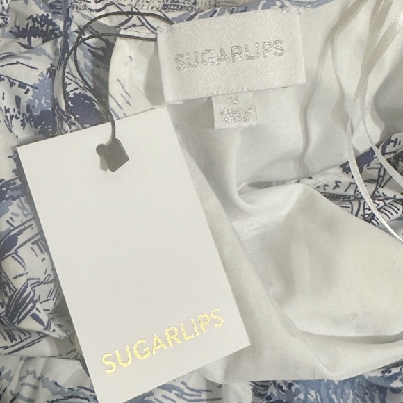 Sugarlips Francine Toile Sky Santana Tie Back Ruffle Midi Dress Blue White Sz M - Picture 5 of 8